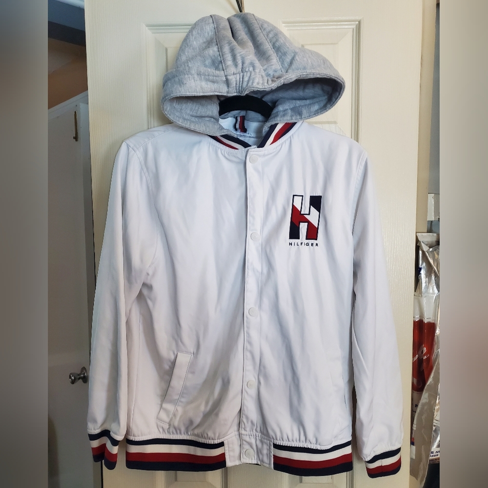 Tommy Hilfiger Youth Front Fabric Removable Hood Varsity Jacket LG 16/18